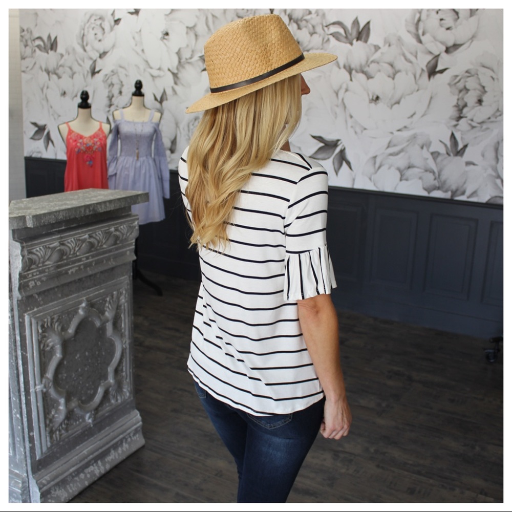 Ivory/Black Striped Tie Front Ruffle Sleeve Top - Picture 4 of 4